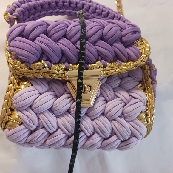 Womens Handbag Woven Metallic Gold Purple Crossbody Chain Chunky Fun - Picture 11 of 12